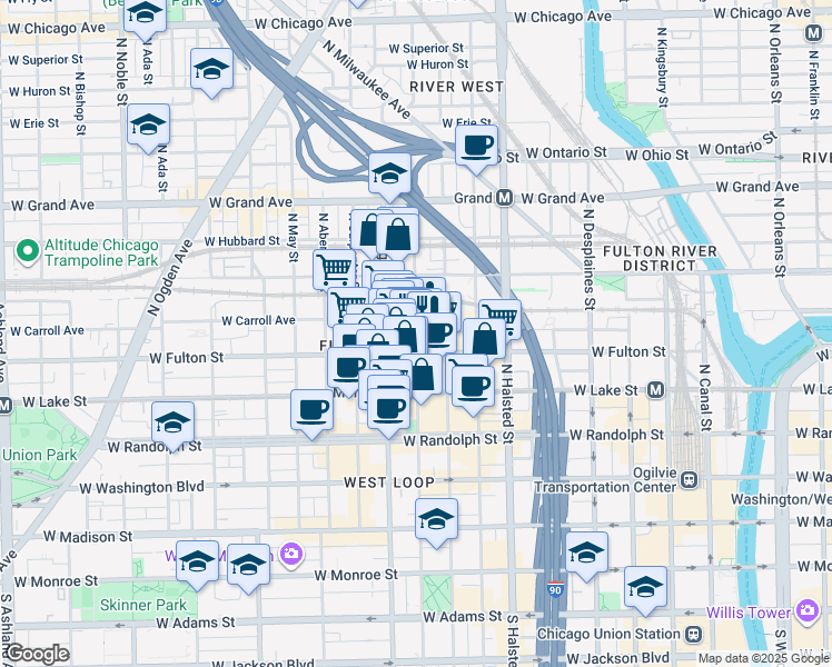 map of restaurants, bars, coffee shops, grocery stores, and more near 320 North Sangamon Street in Chicago