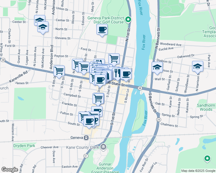 map of restaurants, bars, coffee shops, grocery stores, and more near 14 South 2nd Street in Geneva