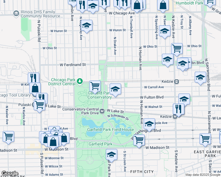 map of restaurants, bars, coffee shops, grocery stores, and more near 335 North Central Park Avenue in Chicago