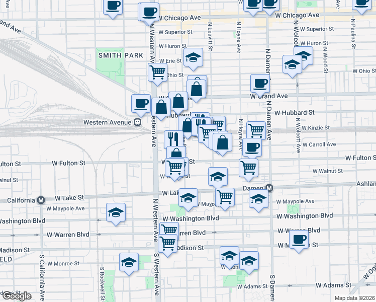 map of restaurants, bars, coffee shops, grocery stores, and more near 329 North Oakley Boulevard in Chicago