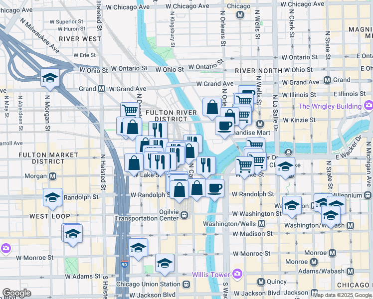 map of restaurants, bars, coffee shops, grocery stores, and more near 300 North Canal Street in Chicago