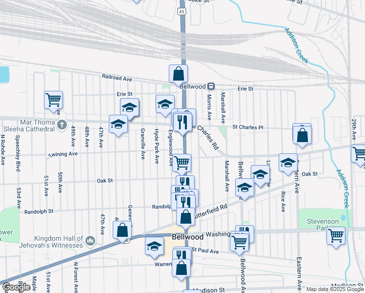 map of restaurants, bars, coffee shops, grocery stores, and more near 242 Mannheim Road in Bellwood