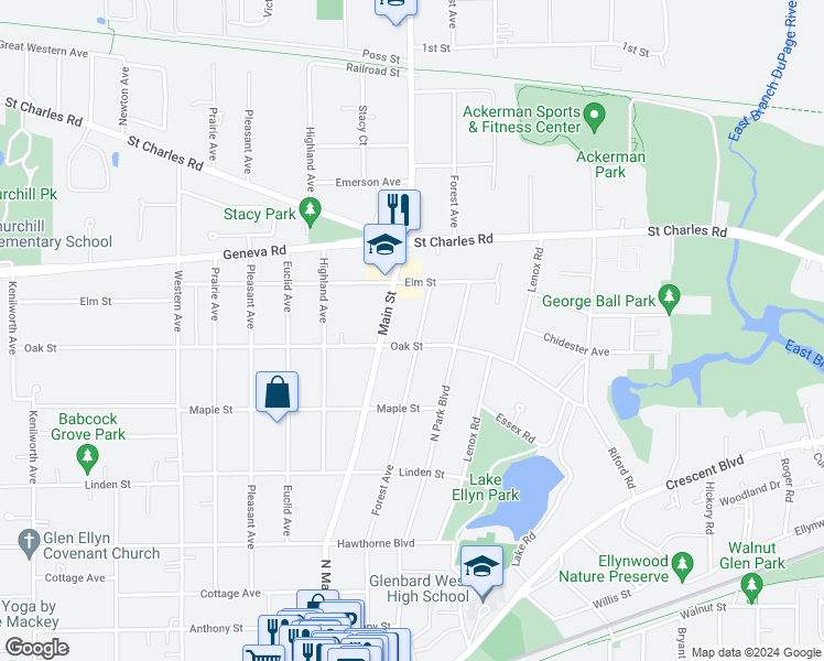 map of restaurants, bars, coffee shops, grocery stores, and more near 760 Forest Avenue in Glen Ellyn