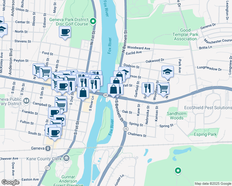 map of restaurants, bars, coffee shops, grocery stores, and more near 24 Fox River Trail (Algonquin to Aurora) in Geneva