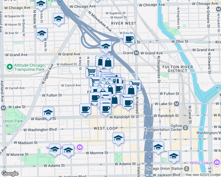map of restaurants, bars, coffee shops, grocery stores, and more near 320 North Sangamon Street in Chicago