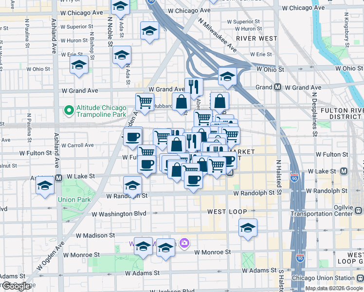 map of restaurants, bars, coffee shops, grocery stores, and more near 323 North May Street in Chicago