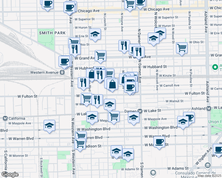 map of restaurants, bars, coffee shops, grocery stores, and more near 2143 West Carroll Avenue in Chicago