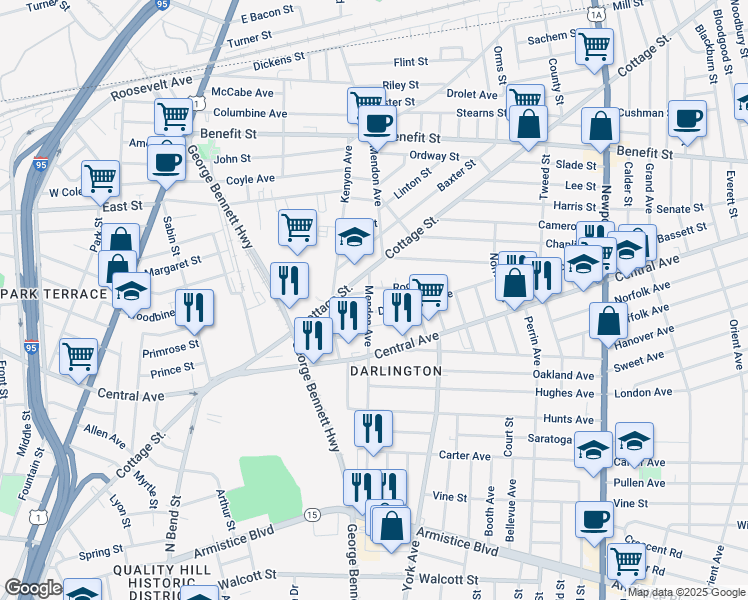 map of restaurants, bars, coffee shops, grocery stores, and more near 189 Mendon Avenue in Pawtucket