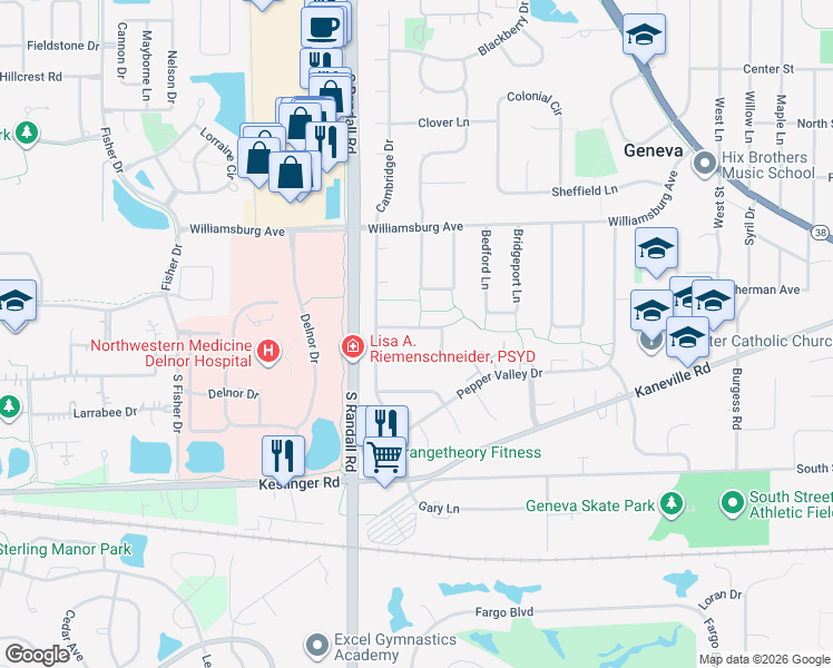 map of restaurants, bars, coffee shops, grocery stores, and more near 2306 Brookway Drive in Geneva