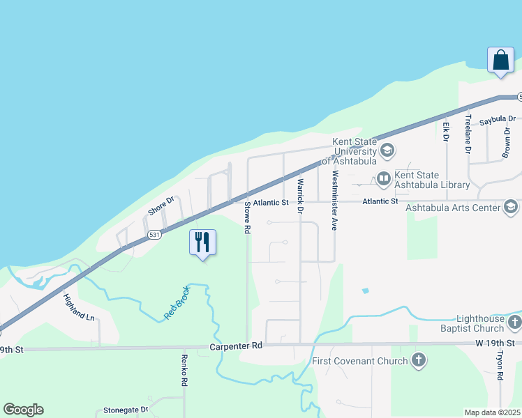 map of restaurants, bars, coffee shops, grocery stores, and more near 4108 Atlantic Street in Ashtabula
