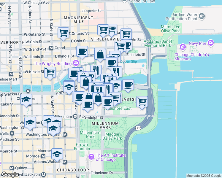 map of restaurants, bars, coffee shops, grocery stores, and more near 323 E Randolph Dr in Chicago