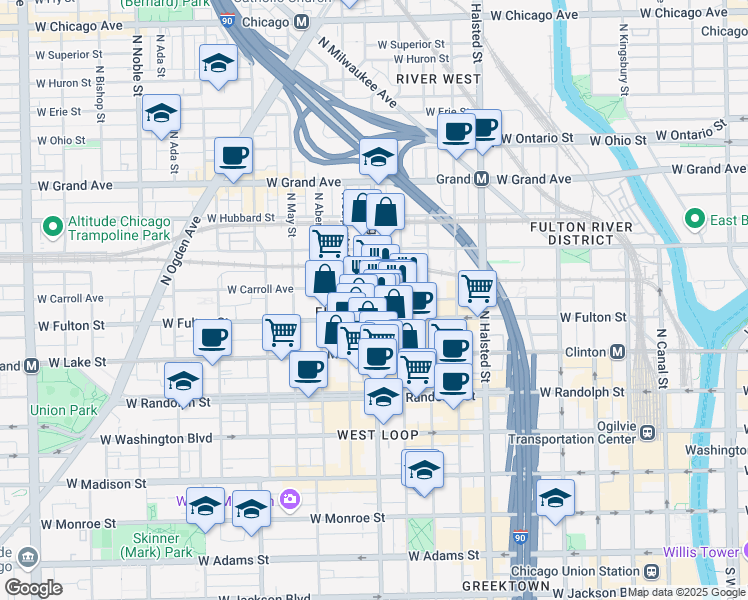 map of restaurants, bars, coffee shops, grocery stores, and more near 320 North Morgan Street in Chicago