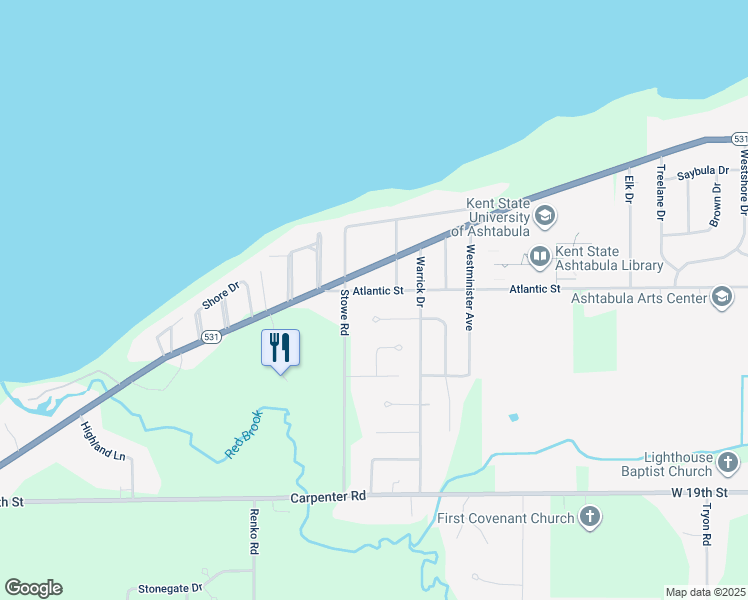 map of restaurants, bars, coffee shops, grocery stores, and more near 4108 Atlantic Street in Ashtabula