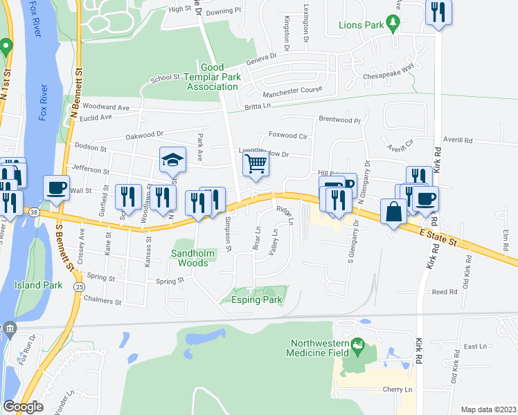 map of restaurants, bars, coffee shops, grocery stores, and more near 18 Briar Lane in Geneva