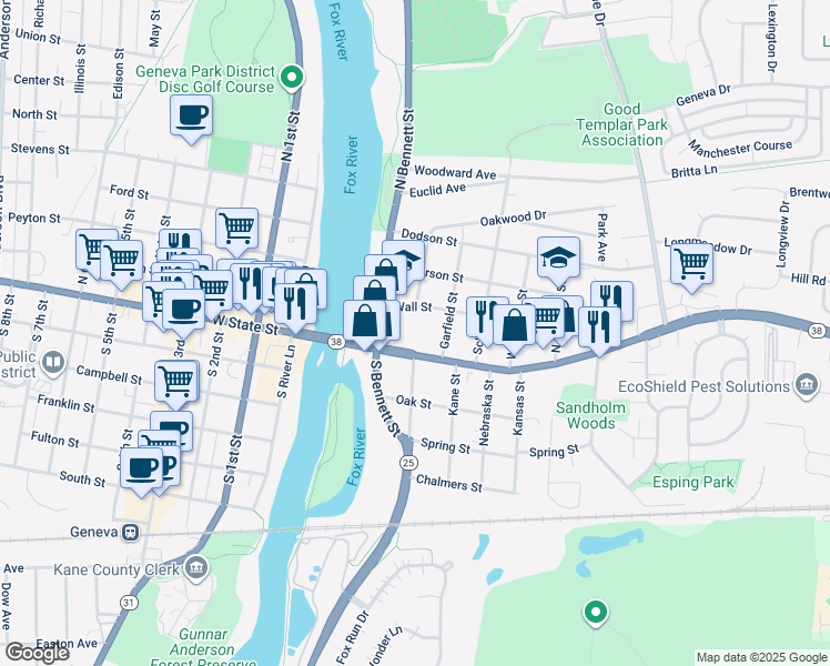 map of restaurants, bars, coffee shops, grocery stores, and more near 206 Wall Street in Geneva
