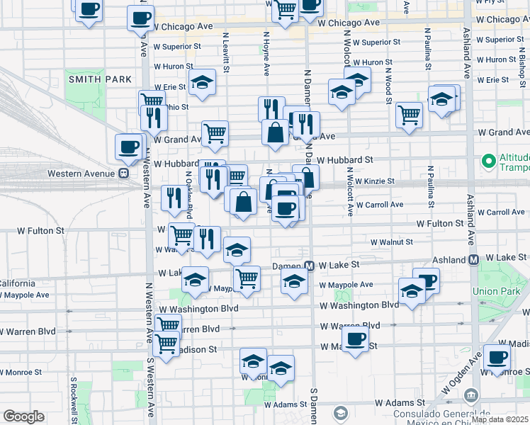 map of restaurants, bars, coffee shops, grocery stores, and more near 2101 West Carroll Avenue in Chicago