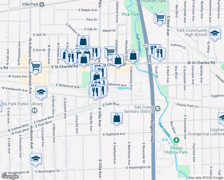 map of restaurants, bars, coffee shops, grocery stores, and more near 500 Ovaltine Court in Villa Park