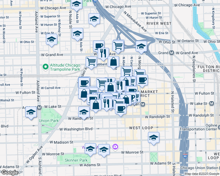 map of restaurants, bars, coffee shops, grocery stores, and more near 326 North Racine Avenue in Chicago