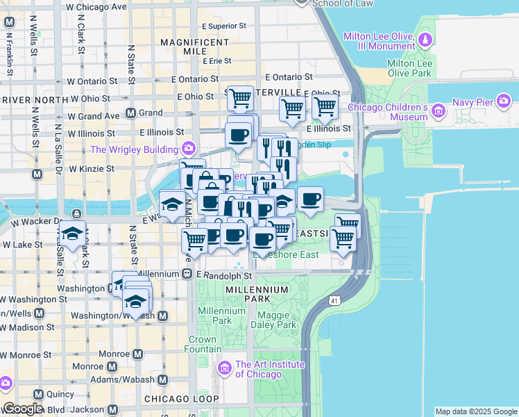 map of restaurants, bars, coffee shops, grocery stores, and more near 323 East Wacker Drive in Chicago