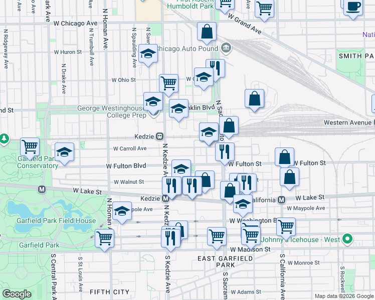 map of restaurants, bars, coffee shops, grocery stores, and more near 3124 West Carroll Avenue in Chicago