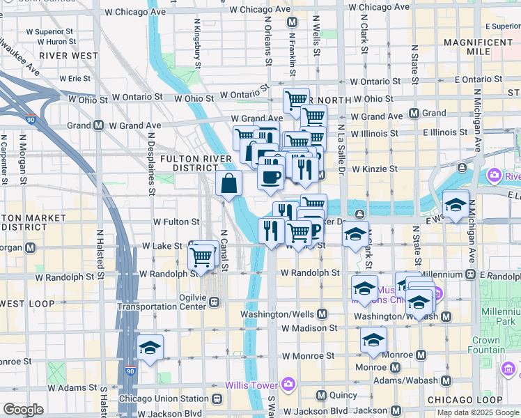 map of restaurants, bars, coffee shops, grocery stores, and more near 333 West Wolf Point Plaza in Chicago