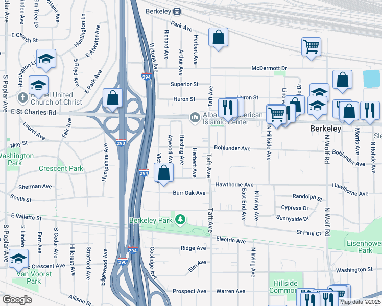 map of restaurants, bars, coffee shops, grocery stores, and more near 1501 Harding Avenue in Berkeley