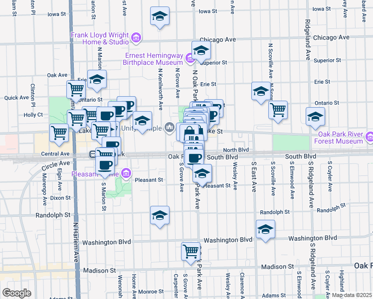 map of restaurants, bars, coffee shops, grocery stores, and more near 806 North Boulevard in Oak Park