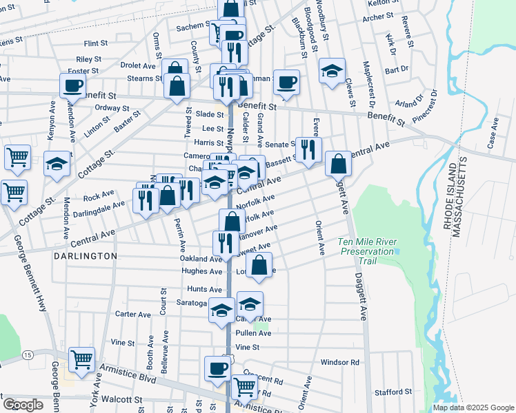 map of restaurants, bars, coffee shops, grocery stores, and more near 149 Norfolk Avenue in Pawtucket