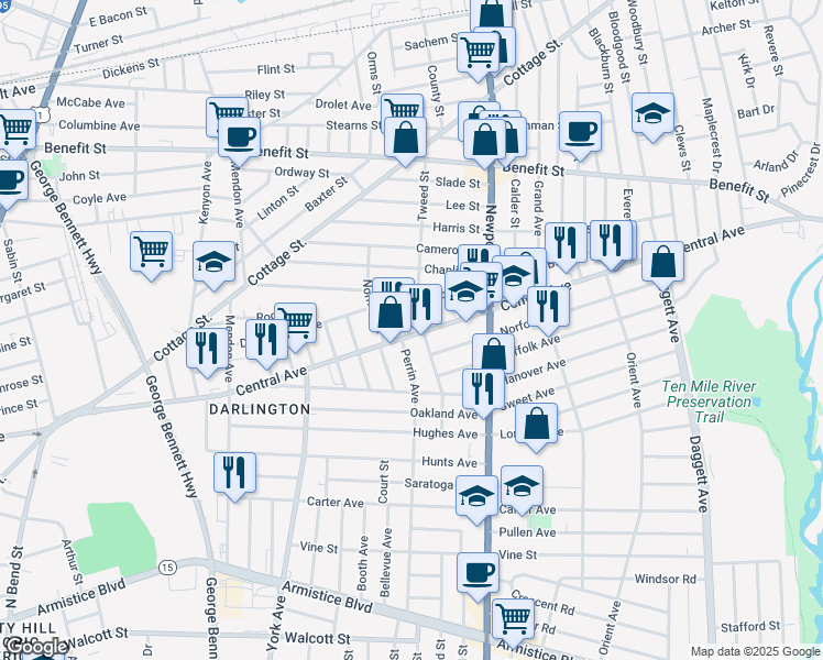 map of restaurants, bars, coffee shops, grocery stores, and more near in Pawtucket