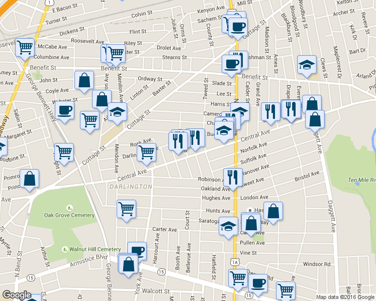 map of restaurants, bars, coffee shops, grocery stores, and more near 15 Halliday Street in Pawtucket