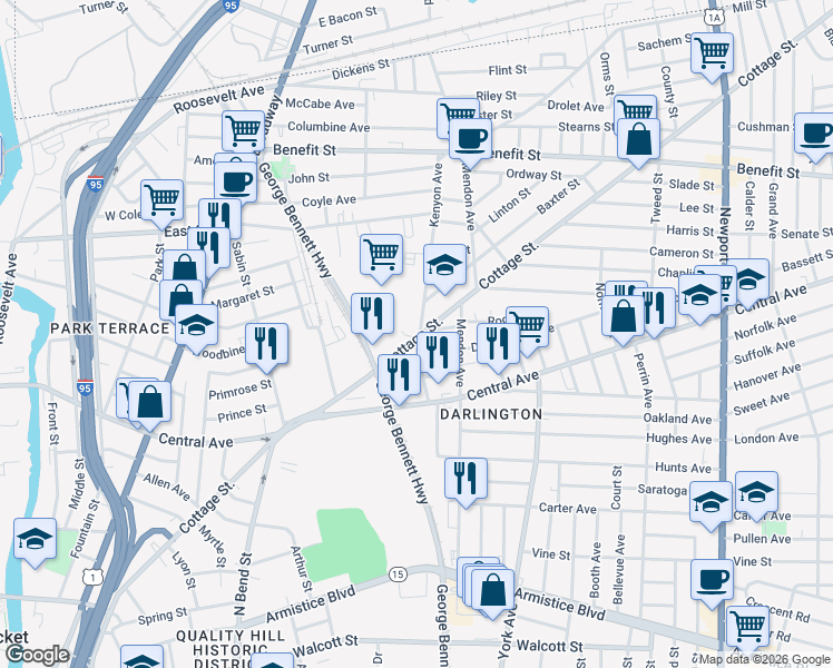 map of restaurants, bars, coffee shops, grocery stores, and more near 1 Rock Avenue in Pawtucket