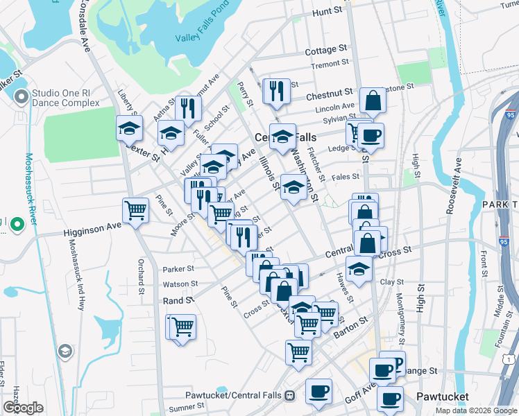 map of restaurants, bars, coffee shops, grocery stores, and more near 45 Fuller Avenue in Central Falls
