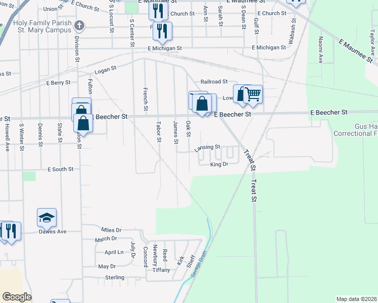 map of restaurants, bars, coffee shops, grocery stores, and more near 845 Oak Street in Adrian