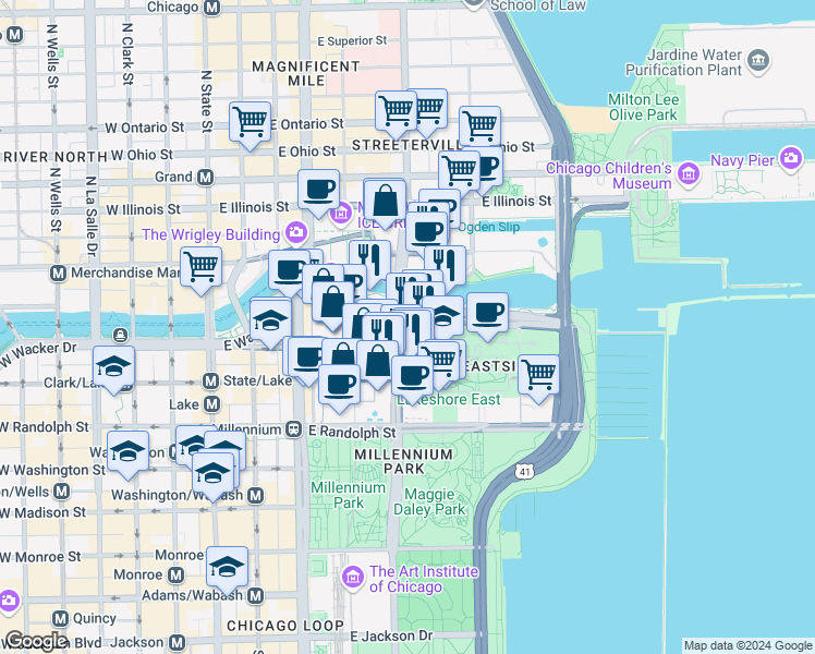 map of restaurants, bars, coffee shops, grocery stores, and more near 323 East Randolph Drive in Chicago