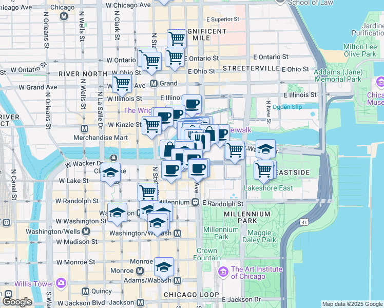 map of restaurants, bars, coffee shops, grocery stores, and more near 75 East Wacker Drive in Chicago