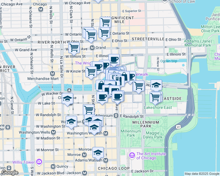 map of restaurants, bars, coffee shops, grocery stores, and more near 75 East Wacker Drive in Chicago