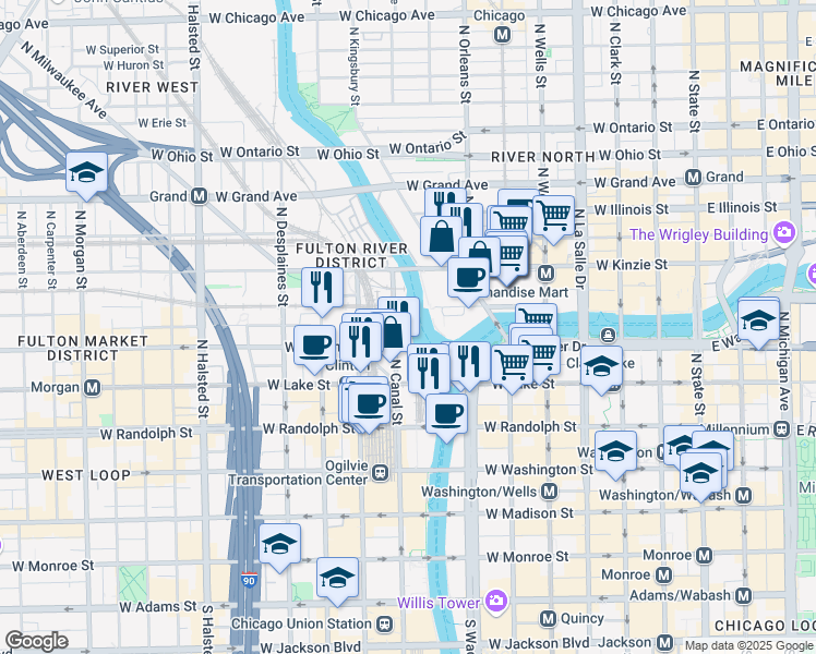 map of restaurants, bars, coffee shops, grocery stores, and more near 333 North Canal Street in Chicago