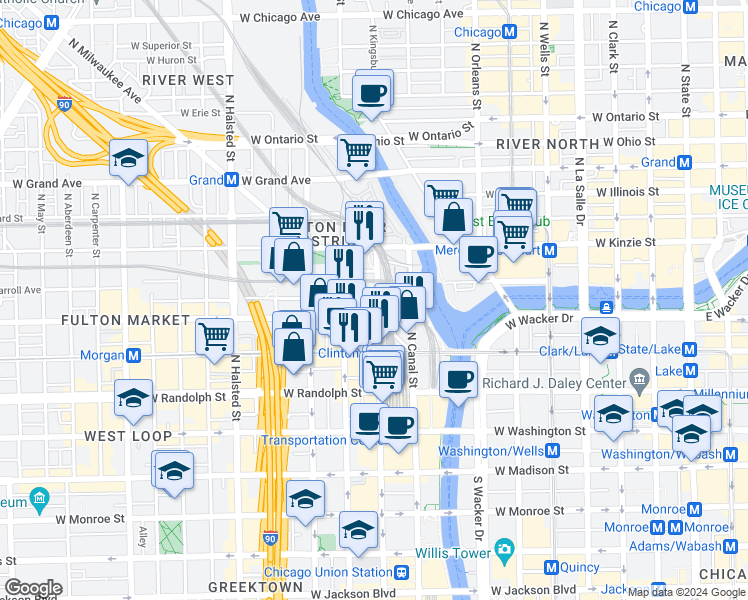 map of restaurants, bars, coffee shops, grocery stores, and more near 320 North Clinton Street in Chicago