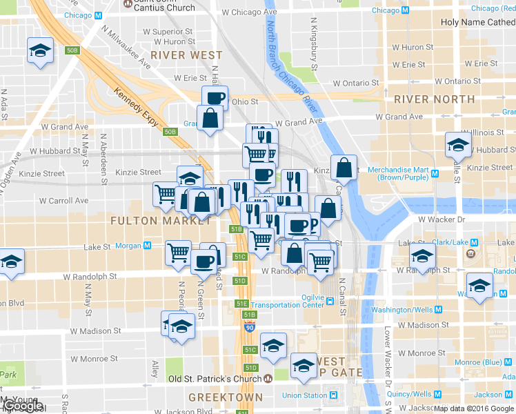 map of restaurants, bars, coffee shops, grocery stores, and more near 670 West Wayman Street in Chicago
