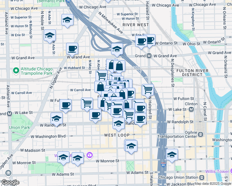 map of restaurants, bars, coffee shops, grocery stores, and more near in Chicago