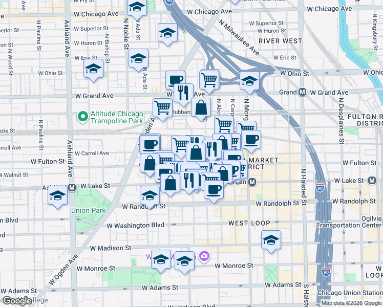 map of restaurants, bars, coffee shops, grocery stores, and more near 326 North Racine Avenue in Chicago