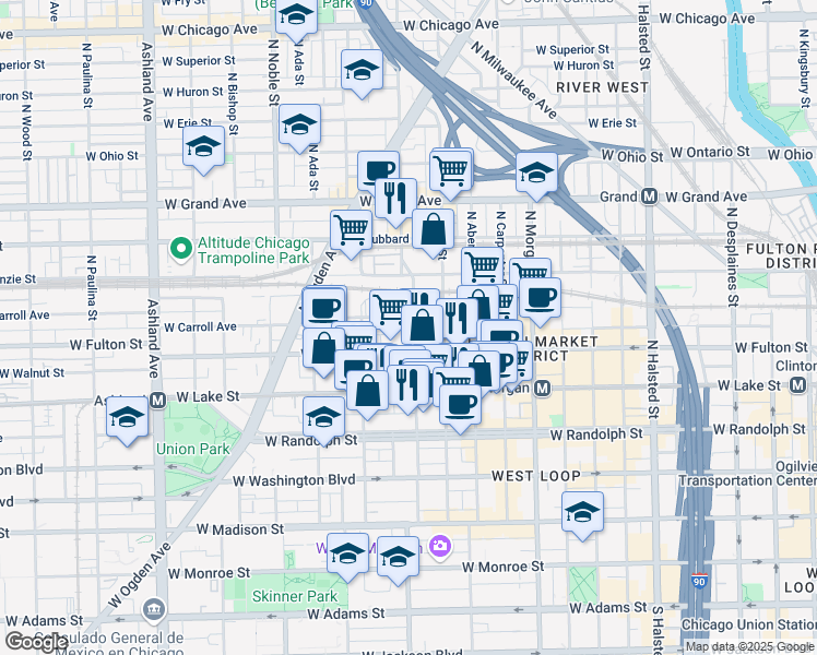 map of restaurants, bars, coffee shops, grocery stores, and more near 326 North Racine Avenue in Chicago