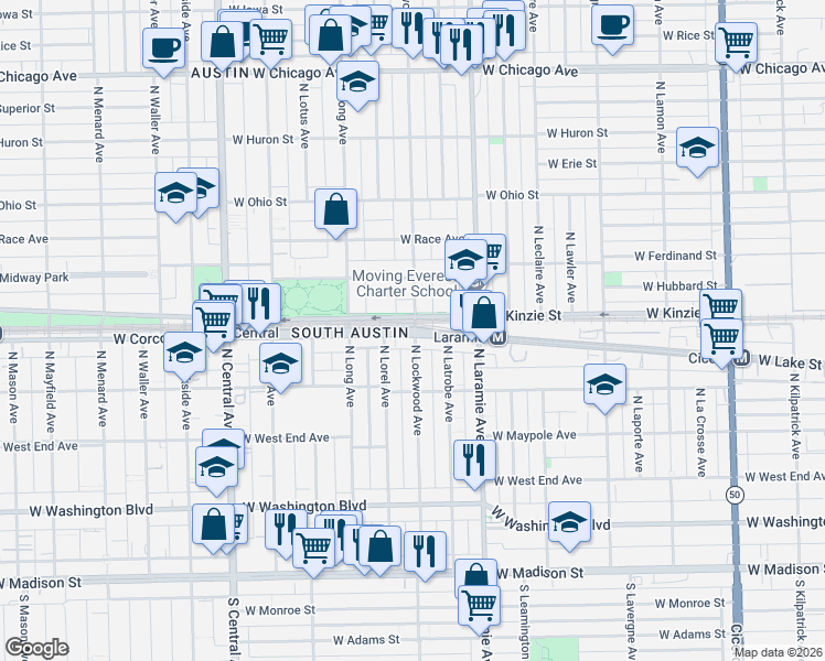 map of restaurants, bars, coffee shops, grocery stores, and more near 350 North Lockwood Avenue in Chicago