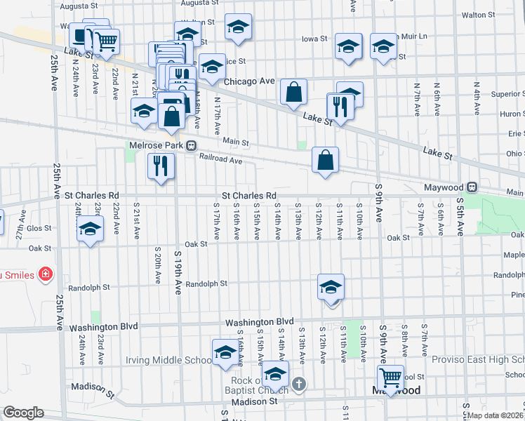 map of restaurants, bars, coffee shops, grocery stores, and more near 114 South 15th Avenue in Maywood