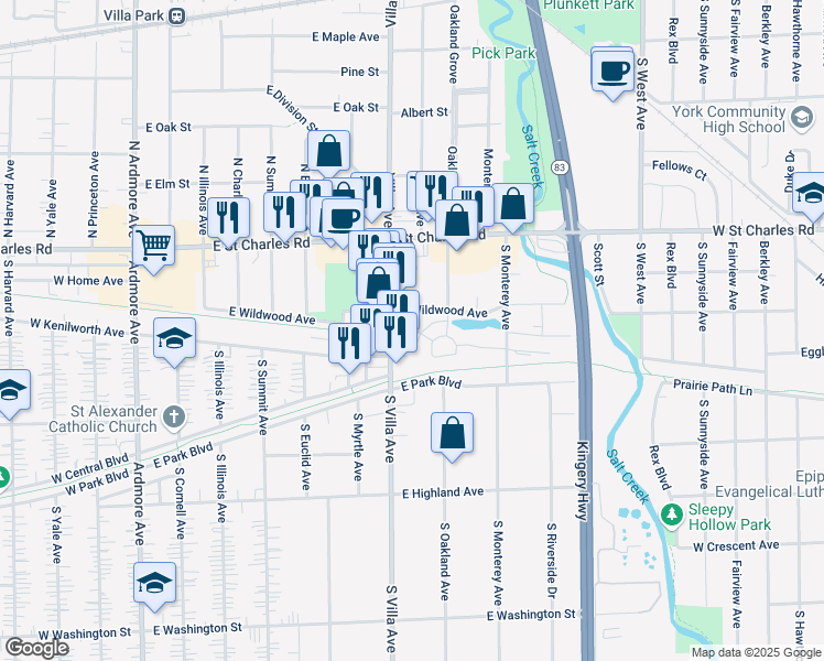 map of restaurants, bars, coffee shops, grocery stores, and more near 103 South Villa Avenue in Villa Park