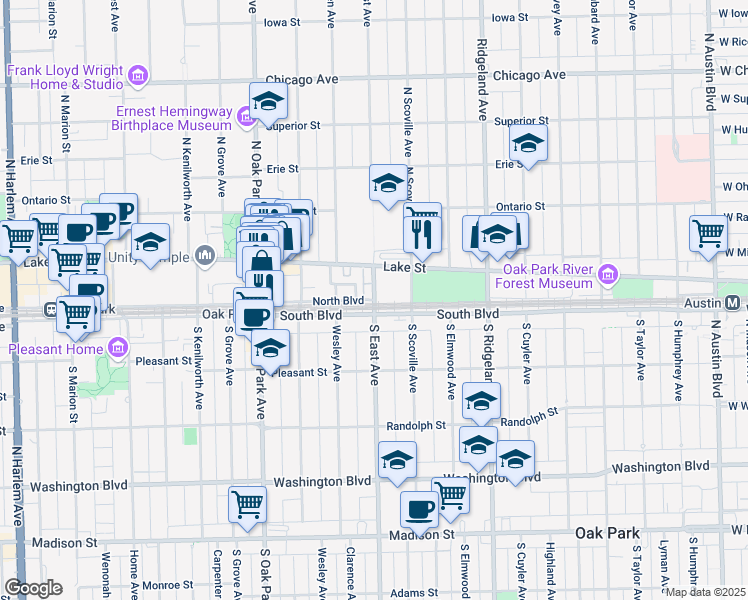 map of restaurants, bars, coffee shops, grocery stores, and more near 100 North East Avenue in Oak Park