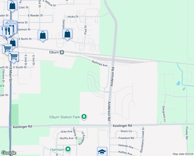 map of restaurants, bars, coffee shops, grocery stores, and more near 835 Station Boulevard in Elburn