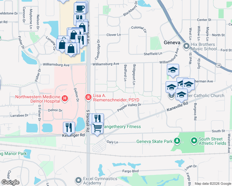map of restaurants, bars, coffee shops, grocery stores, and more near 19 Winthrop Lane in Geneva