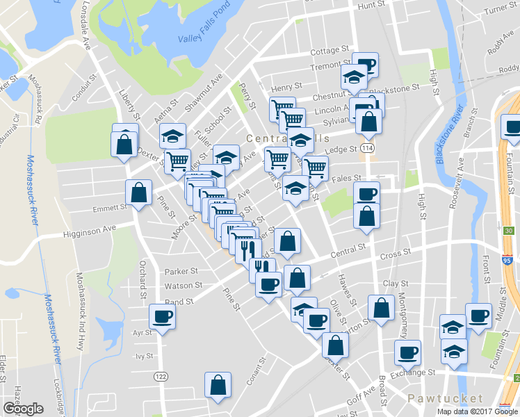 map of restaurants, bars, coffee shops, grocery stores, and more near 45 Fuller Avenue in Central Falls