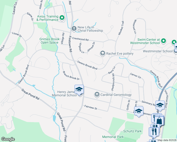 map of restaurants, bars, coffee shops, grocery stores, and more near 5 Kerr Farm Road in Simsbury